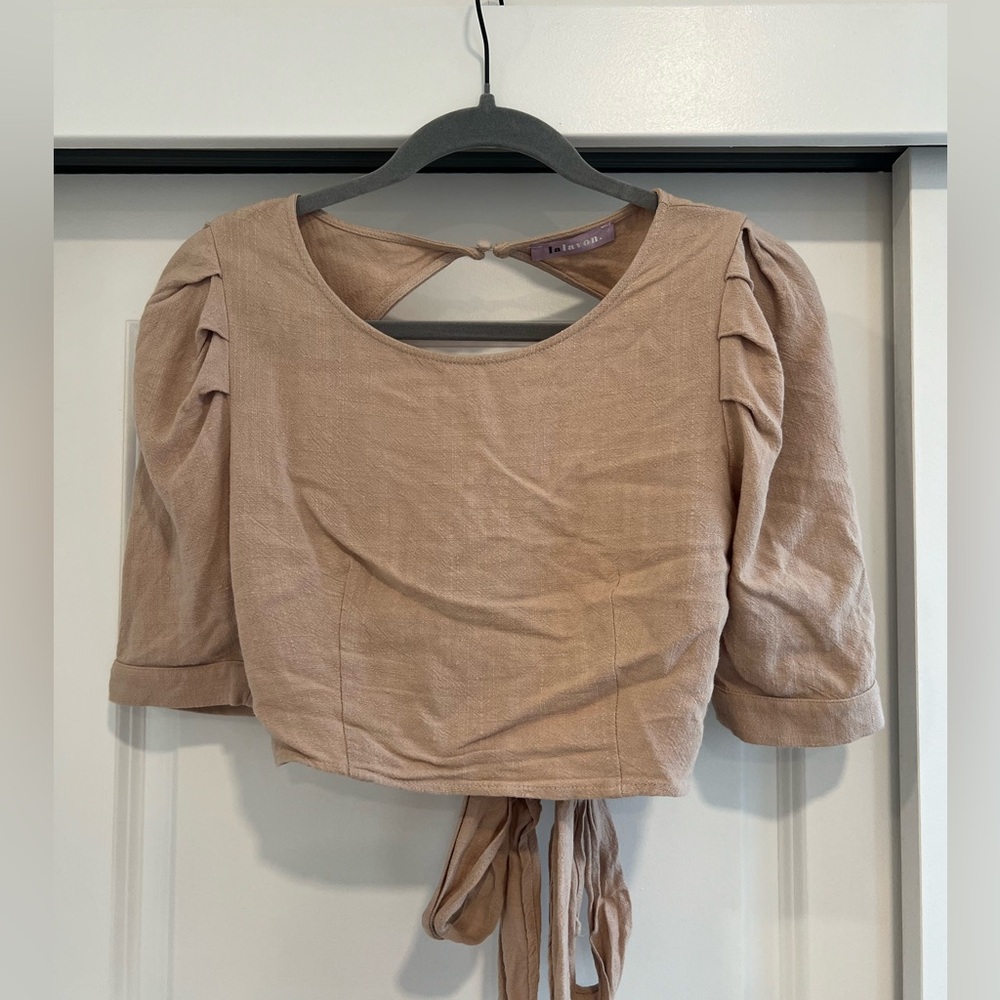 Tan Puff Sleeve Crop Blouse with Tie Front and matching high waisted pants